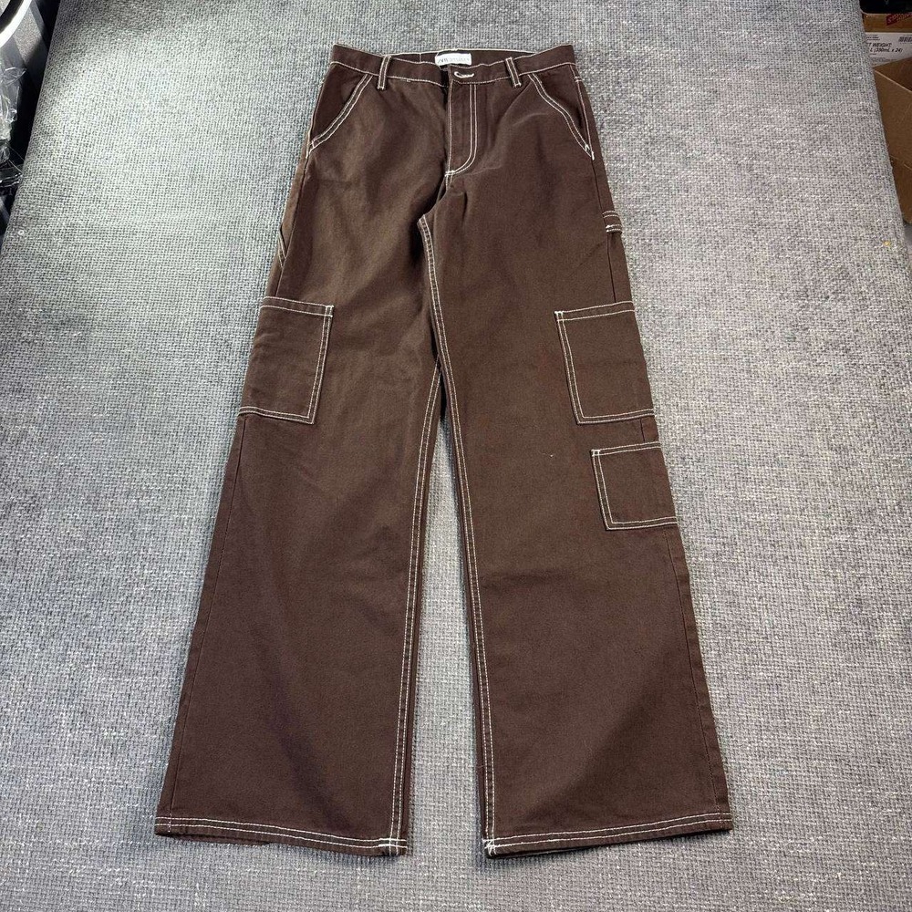Zara Cargo Pants Women 28 Brown High Rise Wide Leg Contrast Stitch Carpenter
